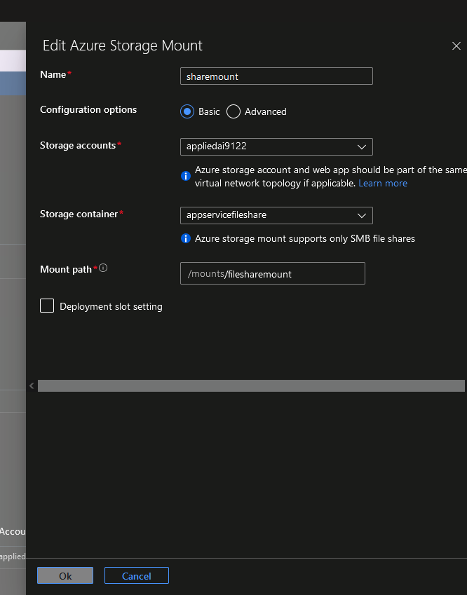 Azure AppService mount to Azure Files Share